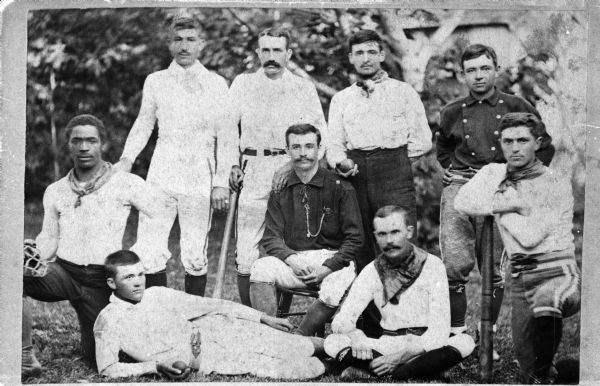 A team portrait of a baseball team. In the top row from left to right are Henry Matthews (kneeling), Fred Smith, Sam Tarraut, Fred Thomas, and Henry Jenny. In the second row are Dave Jones and Webster Clement. In the bottom row are Will Jonies (?) and George Hunter.

Mathews was a member of Fox Lake's community of African American farm laborers, many of whom moved to the town after the Civil War. As an adult, Mathews worked for many years as a stone mason in Dodge and Columbia counties.