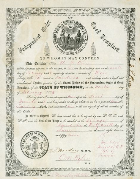 A certificate declaring the admission of U. P. Olin into the Independent Order of Good Templars.