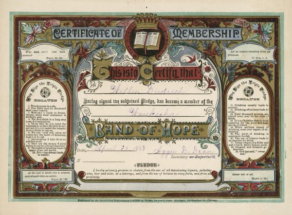 A colorful certificate that acknowledges the membership of Willie Diederich of Waukesha, Wisconsin into Band of Hope, a temperance organization.