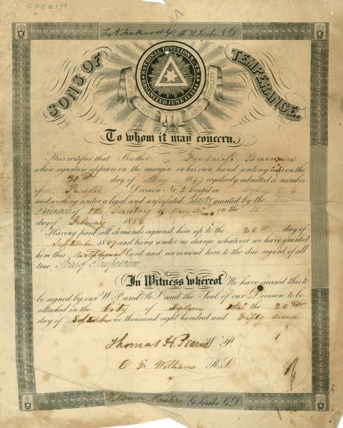 A certificate acknowledging the admission of Frederick Beermein to Sons of Temperance.