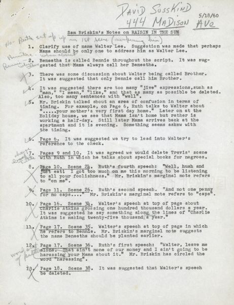 Page one of typewritten notes by Sam Briskin on a draft of the screenplay for the film "A Raisin in the Sun."
