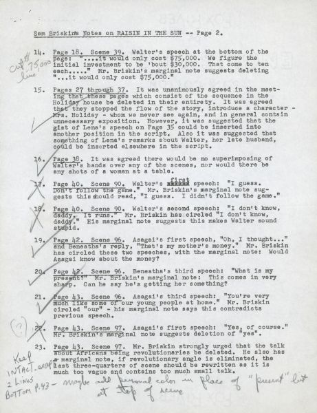 Page two of typewritten notes by Sam Briskin on a draft of the screenplay for the film "A Raisin in the Sun."