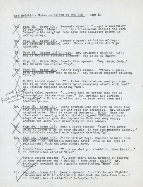 Page four of typewritten notes by Sam Briskin on a draft of the screenplay for the film "A Raisin in the Sun."