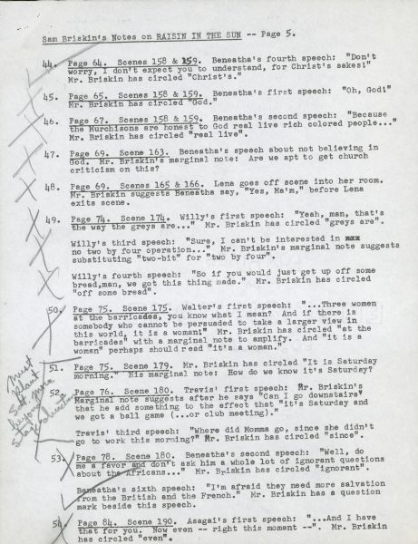 Page five of typewritten notes by Sam Briskin on a draft of the screenplay for the film "A Raisin in the Sun."