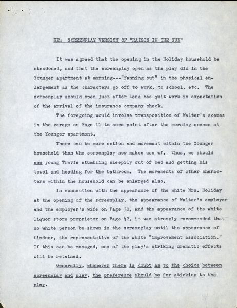 Page one of typewritten notes by Arthur Kramer on the screenplay for "A Raisin in the Sun" from meetings between Kramer, David Susskind, Sam Briskin, James Crow and Bill Fadiman.