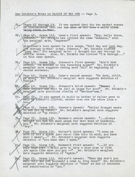 Page three of typewritten notes by Sam Briskin on a draft of the screenplay for the film "A Raisin in the Sun."