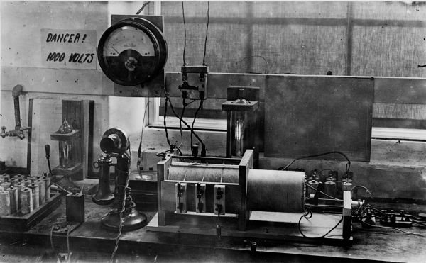 The original transmitting equipment for WHA, the oldest radio station in the nation. The telephone pictured served as a microphone. The station was in the Physics Department at the University of Wisconsin in Madison.