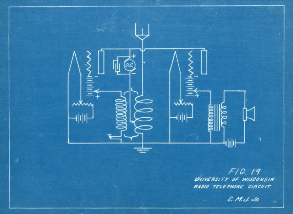 A blueprint schematic of a radio telephone circuit for the University of Wisconsin in Madison.