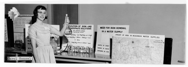 Carol Hensel demonstrates through a presentation the need for removal of iron from a water supply.