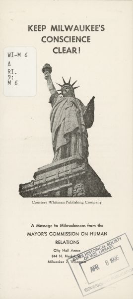 Brochure cover with an image of the Statue of Liberty. Text below reads: "A Message to Milwaukeeans from the Mayor's Commission on Human Relations."