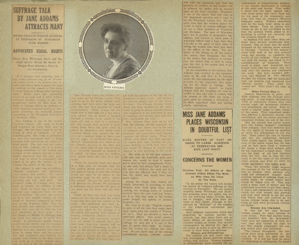 Album page that includes newspaper clippings of articles, and a portrait of Miss Addams.