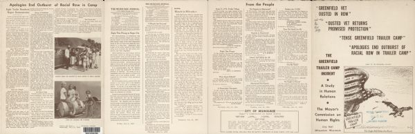 Front cover and back pages of brochure. Includes photographs and a political cartoon from the <i>Milwaukee Journal</i>.