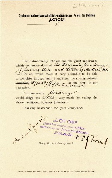 A formal letter from Prague requesting volumes of the Transactions.