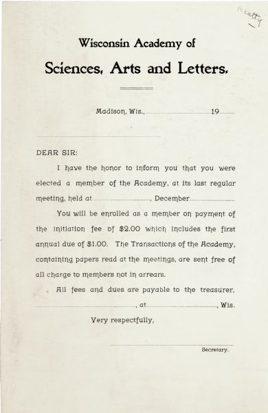 A blank notice of election as a member of the Wisconsin Academy of Sciences, Arts and Letters.