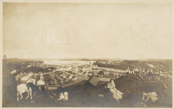 In the foreground at the top of the hill are two horses and a dog on the left, a couple sitting on the ground in the center, and children playing on the right. The view looks down towards the town, and beyond, mills along the river.