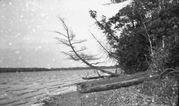 A Native American dugout canoe resting on the shore of Europe Lake.