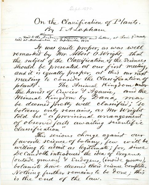 The first page of a handwritten lecture titled "On the Classification of Plants" by Increase Lapham.