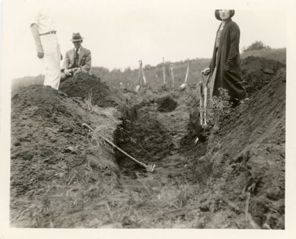 Charles Brown and Vivian Morgau are at the excavation site of mound No. 5 at the Reynolds farm.