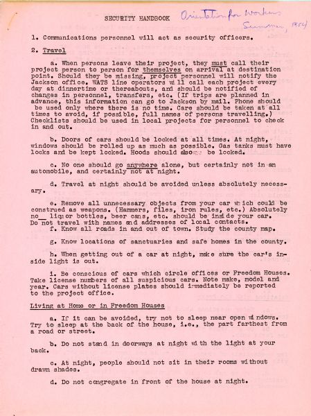 A page of a security handbook which served as orientation for Freedom Summer workers.