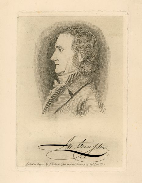 Head and shoulders etching of a profile portrait of politician Joseph Winston.