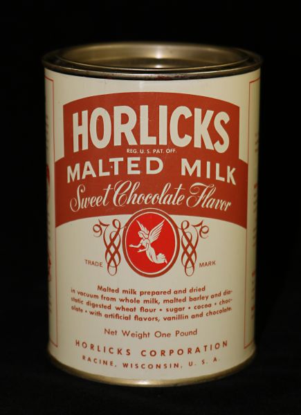The front view of a can of Horlicks Malted Milk in a sweet chocolate flavor.