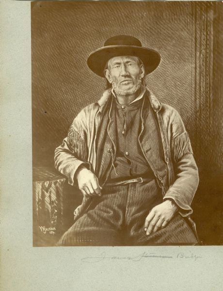 An illustrated portrait of wilderness guide and mountain man James Bridger. He is wearing a hat and a fringe jacket.