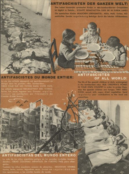Poster in English, French, German and Spanish. Includes text in four languages, and images of children and war damage.