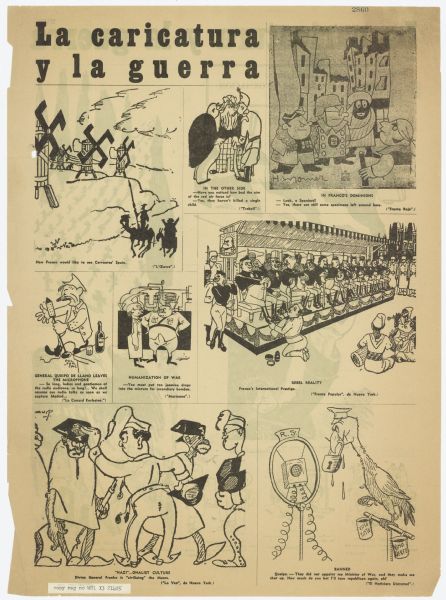 Reprint of caricatures from various publications. There are eight panels depicting the Spanish Civil War from publications such as "L'Œuvre," "El Noticiero Universal" and "de Nueva York."