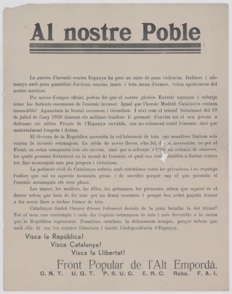 Text at top reads: "Al nostre Poble". Text at bottom reads: "Visca la República! Visca Catalunya! Visca la Llibertat! Front Popular de l'Alt Empordà."