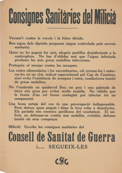 Text at top reads: "Consignes Sanitáries del Milicia" and text at bottom reads: Consell de Sanitat de Guerra i..... Segueix-Les".