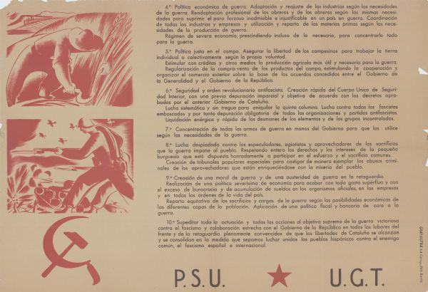 P.S.U. U.G.T. with two illustrations on the left, of a person working in a field with a sickle, and a soldier with a gun on the battlefield. Below the bottom illustration is the Hammer and Sickle symbol.