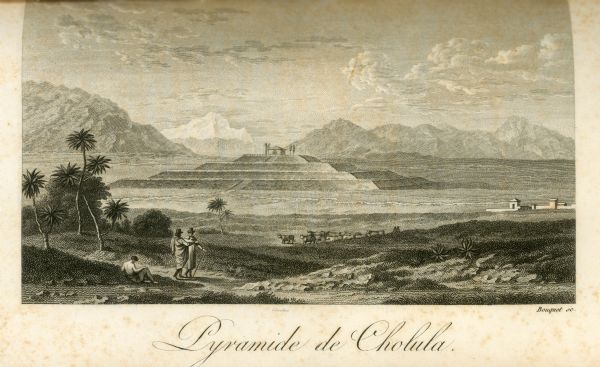 The four-stepped, low-rising Pyramid of Cholula, covered in sparse vegetation, stands in a flat valley, surrounded by distant mountains. A stairway leads up from the base of the pyramid to the small Spanish church on its crest. A herd of cattle cross the near center of the image, walking away from a small city at the far right. Two men, wearing cloaks, hats, and carrying walking sticks, converse in the left foreground. A semi-nude woman sits nearby, in proximity to a small grove of trees.