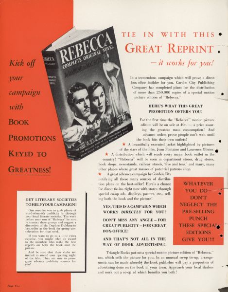 A page from the pressbook for the re-release of the film <i>Rebecca</i> which starred Laurence Olivier and Joan Fontaine. The page encourages theaters to help promote the film with the special motion picture edition of the original novel. The book cover for the new edition features Olivier and Fontaine on the front.