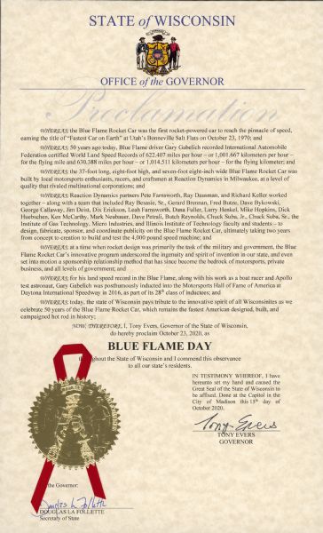 Proclamation for Blue Flame Day on October 23, 2020. Signed by Tony Evers, Governor, and Douglas La Follete, Secretary of State.