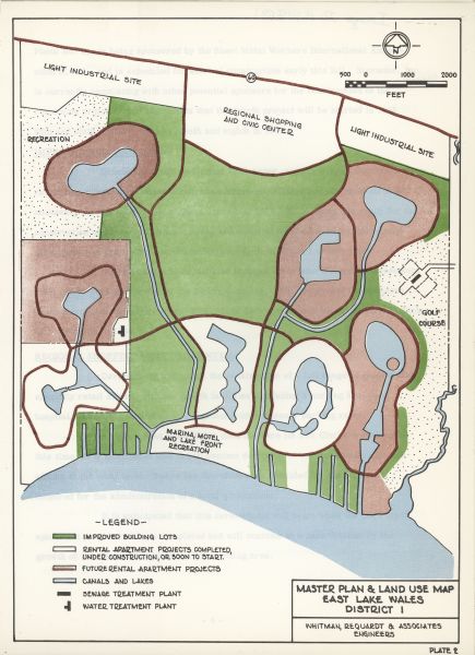 A master plan and land use map for East Lake Wales in Polk County, Florida showing where industrial sites, a shopping and civic center, golf course, marina, apartments, motel and recreation areas would be located. The map was created by Whitman, Requardt & Associates as part of a study in 1964.