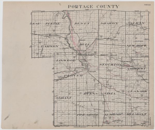 Portage County Map. Includes the towns of Eau Plaine, Dewey, Sharon, Alban, Carson, Hull, New Hope, Linwood, Stockton, Amherst, Plover, Grant, Buena Vista, Lanark, Pine Grove, Almond, and Belmont.