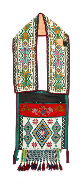 Bandolier bag with loom-beaded panel and strap. Bag, pocket, and strap are constructed of off-white cotton layered with wool, and trimmed with dark red military braid and blue-green silk ribbon. Brown wool strip above pocket opening is undecorated. Red wool strip below pocket opening features decorative quilting and a linear, symmetrical floral design in iridescent yellow, clear, and blue beads. A loom-beaded panel is attached to the front of the pocket.  Panel design consists of a large multicolored central diamond framed by red eight-pointed stars and smaller multi-colored diamonds. Small, blue triangles outline top and bottom edges. Fifteen narrow loom-beaded tabs with brown bead and red and blue yarn tassels extend from panel. Three end tabs feature yellow, green, blue, and pink multi-colored geometric designs, while center nine tabs have same dark blue and clear chevron pattern. Wide white zigzag beadwork on brown wool frames the panel. Loom-beaded strap features a column of embellished "X" shapes that alternate colors. Multi-colored diamonds separate each "X." 