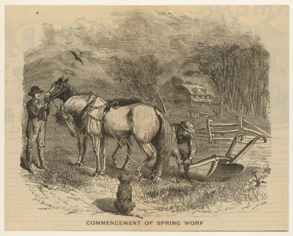 Illustration of a man attaching a plow to a horse team. A boy is adjusting the bridle for one of the horses, and a dog sitting in the foreground is looking at him. A house is in the distance.