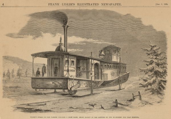Engraved drawing of Norman Wiard's ice locomotive, the <i>Lady Franklin</i> operating on a frozen river. Male passengers and crew members are standing on the deck of the vehicle. The vessel was built, but never made a successful journey across the ice.