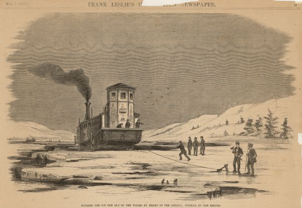 Engraved drawing of Norman Wiard's ice locomotive, <i>Lady Franklin</i> being pulled from water onto ice using its anchor. The vessel was built, but never made a successful journey across the ice.