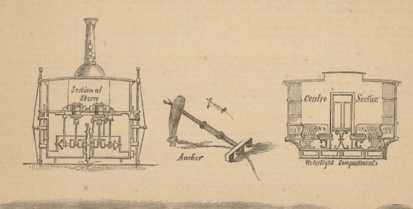 Cutaway details of Norman Wiard's ice locomotive, <i>Lady Franklin</i> sowing the stern and seating area. Also included is a drawing of the vehicle's anchor. The vessel was built, but never made a successful journey across the ice.