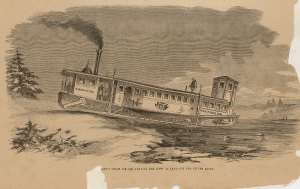 Engraved drawing of Norman Wiard's ice locomotive, <i>Lady Franklin</i> leaving a snowy riverbank and entering the frozen river. The vessel was built, but never made a successful journey across the ice.