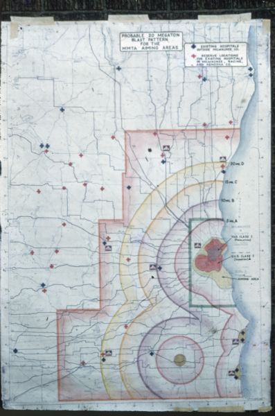 Map showing the probable blast radius of a 20 megaton bomb on Milwaukee. The map also shows existing hospitals in the area, including outside Milwaukee County.