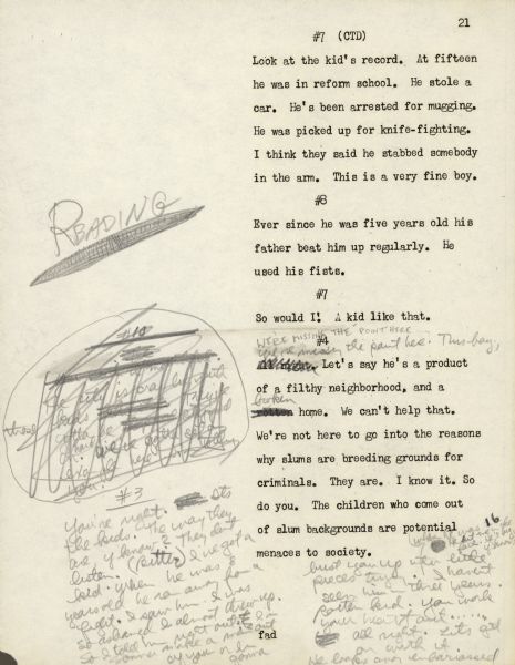 Page 21 from the script for the CBS Studio One production of "Twelve Angry Men" by Reginald Rose. The page includes handwritten revisions done in pencil.
