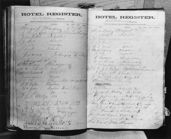 Caption reads: "Photocopy of the hotel register at the De Pere House De Pere Wis from Friday August 4 to Tuesday August 8 1871. Among names to be noted are those of Bowring the famous photographer of De Pere and lower right page James Gordon Bennett of the New York Herald, Horace Greeley of the New York Tribune, Horatio Seymour Democratic candidate for president in 1868, Frank Blair Democratic candidate for vice president in 1868, and Marshal Bazain famous in the Franco Prussian war. Presented by Clendon De Wolfe of Madison in 1956."