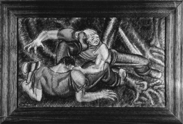 Framed mural depicting two men struggling against each other. One is holding an axe. Caption reads: "Fight incident from Paul Bunyan legend. Mural painting by James Watrous in Univ. of Wisconsin Union. Credit University of Wisconsin and James Watrous."