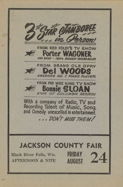Pamphlet advertising the 1963 Jackson County Fair, which featured performances by country music stars Porter Wagoner, Del Woods, and Bonnie Sloan.