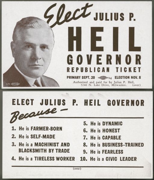 Front and back of a campaign card for Julius Heil's first gubernatorial campaign.