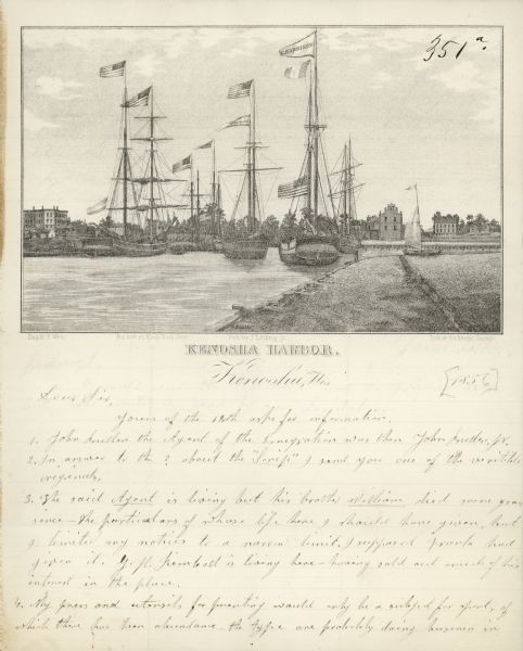 Lithograph image of several boats in a harbor. Most are flying American flags from their masts. One has a flag on which "C. Harrison" is printed. Someone has written "351a" on the image.
Caption reads: "Dag: H.T. West. For sale at Kings Book Store. Pub. by J. Lothrop jr. Inth of Ed. Mendel, Chicago. KENOSHA HARBOR."