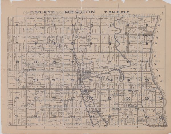 A plat map of Mequon, Wisconsin. Text at top reads: "T. 9N. R.21 E MEQUON T. 9N. R.22 E."